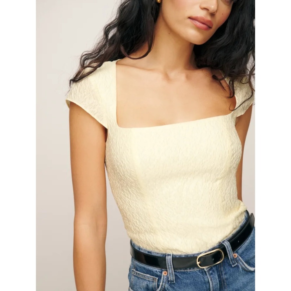 Reformation Cora Top Cream Jacquard Cap Sleeve Open Back Smocked Top Size 12